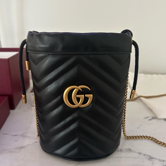 Gucci Handbags - Gucci GG Marmont Matelasse Black
Leather Chain Mini Bucket Shoulder Bag Cuore